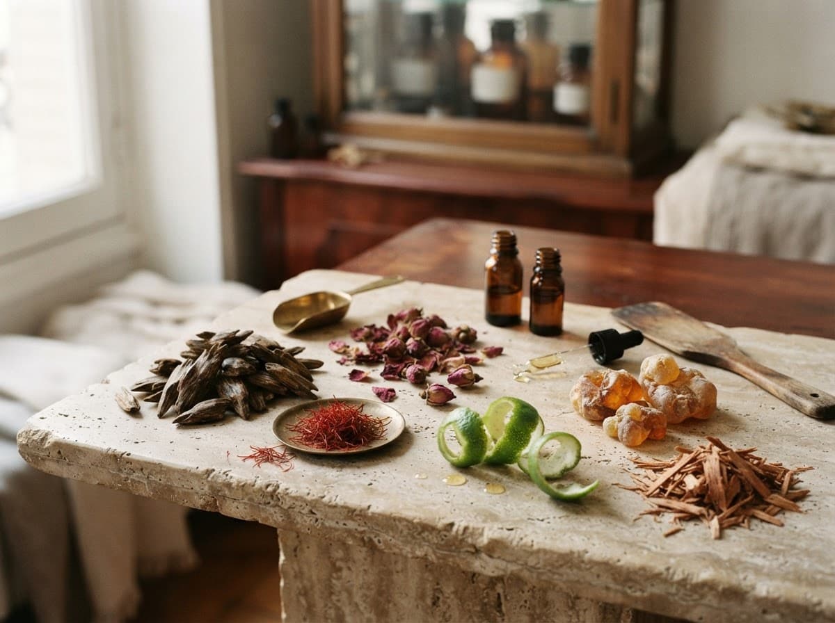 Oud, rose, saffron, citrus and amber arranged on a perfumer's table