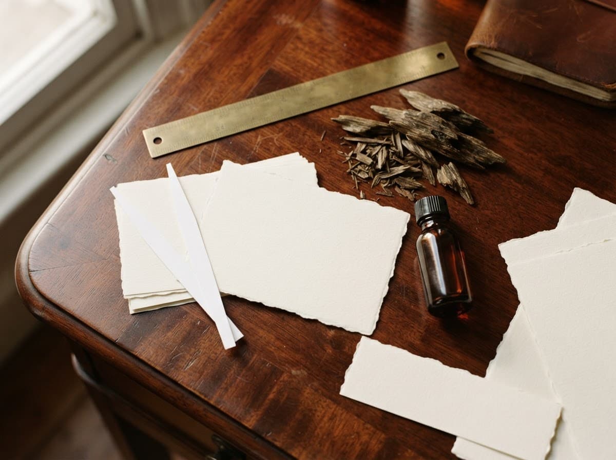 Blank fragrance dossier cards, scent strips and agarwood on a desk