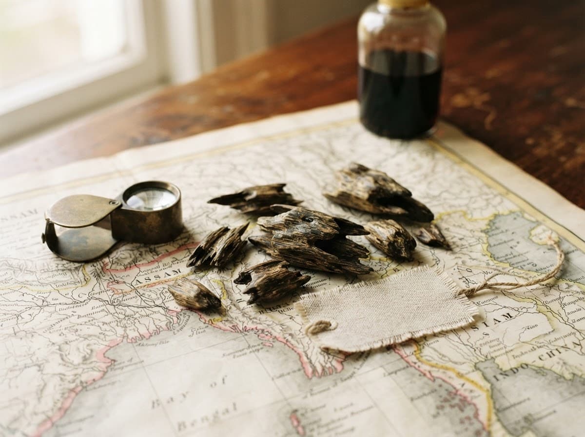 Agarwood specimens arranged across a map of oud-producing regions